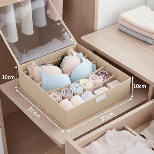 Image of House of Quirk 7 Slot Foldable Underwear and Bra Drawer Organizer, Closet, Dresser, Drawer, Organizer, Fabric Basket, Clothes, Bra, Underwear, Clothing, Divider (Beige)