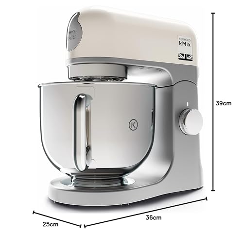 عجانة كيه-ميكس فاخرة للمطبخ بقدرة 1000 وات بدورق من الستانلس ستيل سعة 5 لتر وخفاقة على شكل K وخطاف عجين وواقي رذاذ ومعلقة سباتولا ووظيفة طي مميزة وتحكم ذكي بالسرعة من كينوود، كريمي، KMX750CR