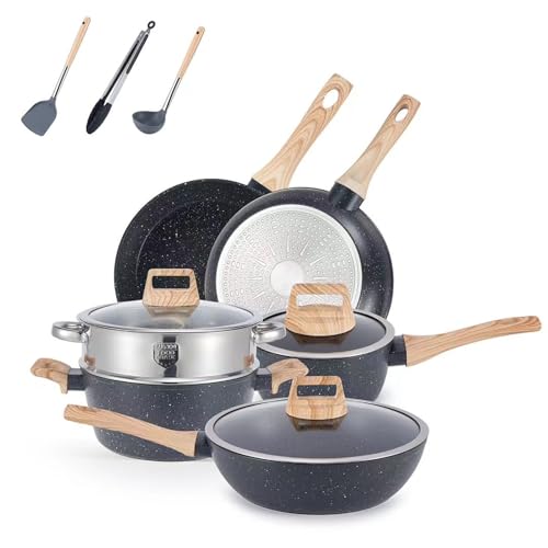 Juego de 12 ollas para inducción, juego de utensilios de cocina de piedra médica con tapa antiadherente, ideal para cocinar, asar y hornear (negro)