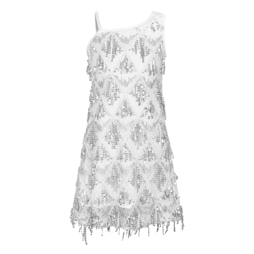 WELAKEN Girls One Shoulder Sequin Fringe Flapper Dress with Side Zipper