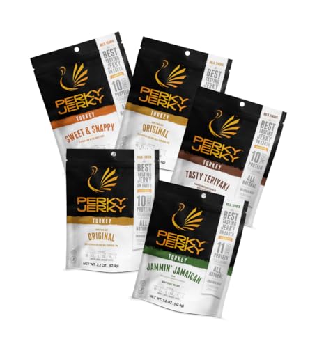 Perky Jerky Turkey Jerky Variety, 2.2 oz (Pack of 5) - Low Sodium - 7-10g Protein per Serving - Low...
