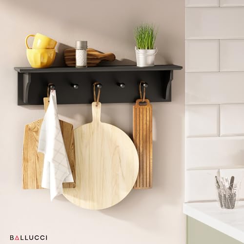 Ballucci Floating Coat and Hat Wall Shelf Rack, 5 Pegs Hook, 24", Black - Thumbnail 4