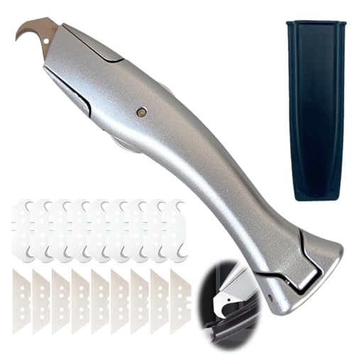 Cuchillo de Corte de Suelo, Cuchillo para Alfombras, Cuters Profesionales de Seguridad con 10 cuchillas trapezoidales y 10 cuchillas de gancho para Cortar Revestimientos de Suelo de PVC