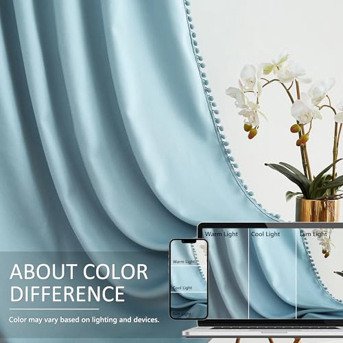 Image of TREATMENTEX Pom-Pom Blue Curtains Living Room 84 inches Energy Efficient Thermal Insulated Room Darkening Curtain Panels for Bedroom Window Draperies Nursery Room Children 50in w x2 Panels Rod Pocket