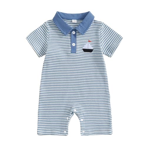 Image of RSRZRCJ Newborn Outfits Baby Boy Clothes Summer Short Sleeve Waffle Knit Collared Sailboat Embroidery Romper Jumpsuit
