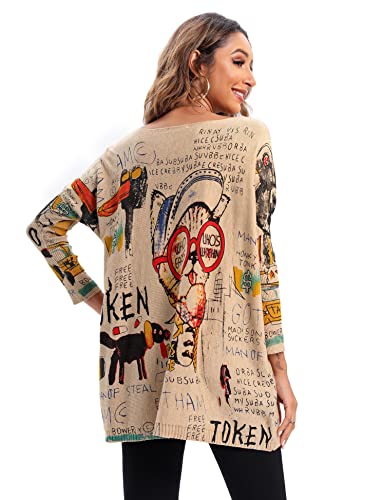 Ellazhu Women's Casual Long Sleeve Loose Artsy Graphic Newspaper Pullover Sweaters Dh07 Khaki #TOP1