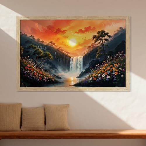 Image of ArtX Canvas Rising Sun Painting For Vastu, Big Size Wall Art, Water Stream, Waterfall Painting Vastu, Rising Sun Wall Decor, Multicolor, Nature, 91.0 X 61.0 cm, Set of 1