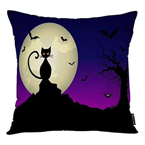 Mxocom Black Cat Moon Throw Pillow Cover Flying Bat Spooky Tree Spider Bright Eyes Halloween Night Cartoon Cotton Linen Pillowcase Cushion 18 x 18 Inch for Sofa, Bed, Car Decor Cover