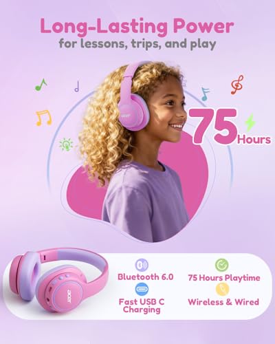 Acer Kids Bluetooth Headphones, Over Ear Headphone for Kids with Mic, 75H Playtime, 85dBA Safe Volume, Bluetooth 6.0, USB C Fast Charging, Toddler Headphones for iPad/Tablet/Travel/School-Pink — view 5
