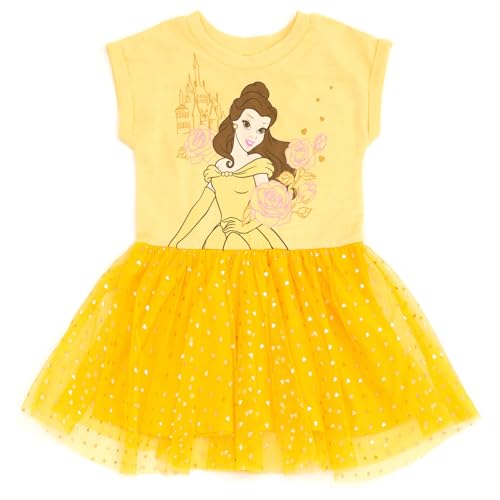 Disney Beauty and the Beast Big Girls' Glitter Tiered Short Sleeve Tulle Dress with Heart Print Yellow Belle 10-12 - image 1
