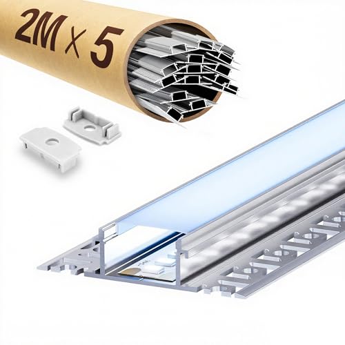 KOSOOM Profilé LED Encastrable Carrelage et Placo 2m × 5 Pièces – 61,8×13,8 mm Aluminium – Profile Alu pour Ruban ≤20 mm avec Diffuseur, Profilé Aluminium Rail Cache Baguette Goulotte LED