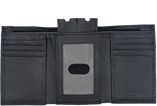 RFID-Blocking Men’s Trifold Leather Wallet with Thumb ID Window, Key Holder, YKK Zippered Bill Slot, and Gift Pouch (J130TF Black)