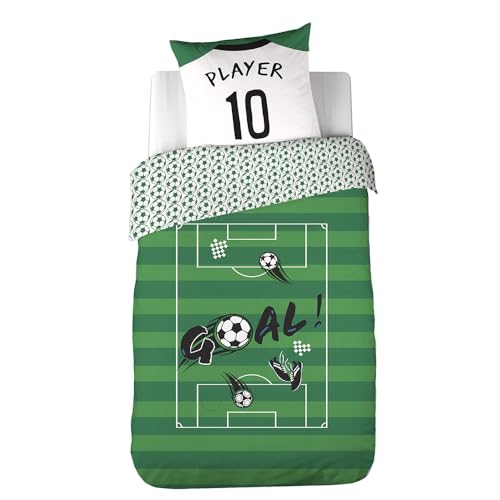 CÔTE DECO Parure de Lit Foot - Housse de Couette 140x200 cm + 1 Taie d'oreiller 63x63 cm - Motif Terrain, Ballon et Goal - Ensemble Literie Garçon 100% Microfibre - 2...