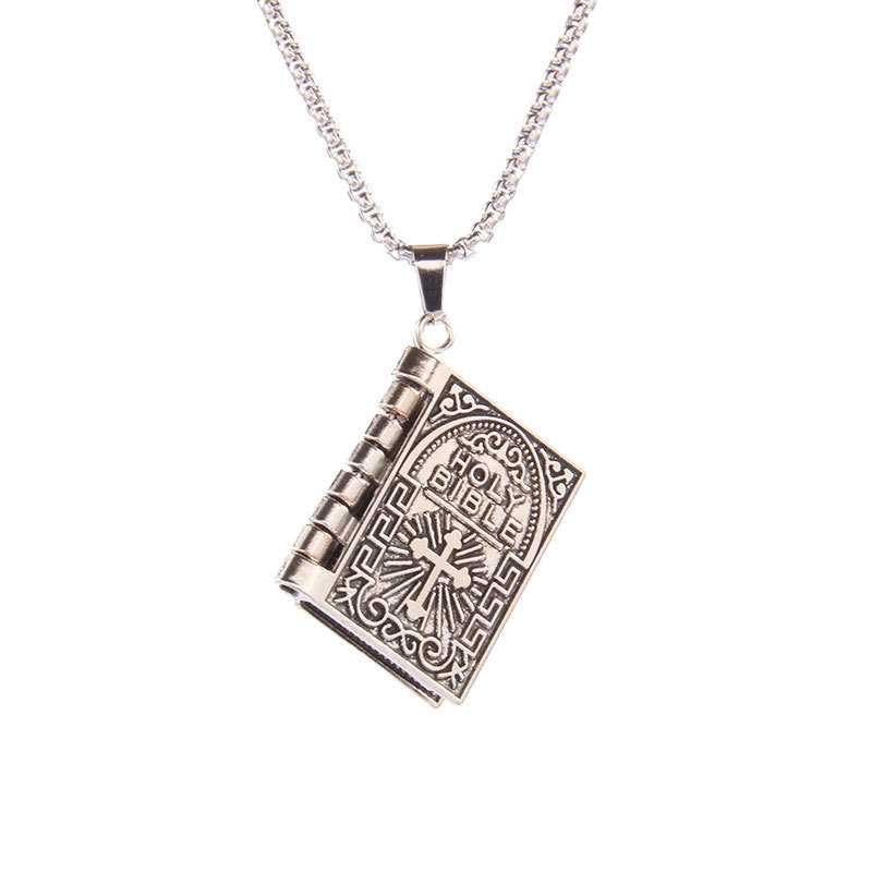 bling queen Men's Silver Plated Bible Book Easter Cross Pendant with Chain-picture-15