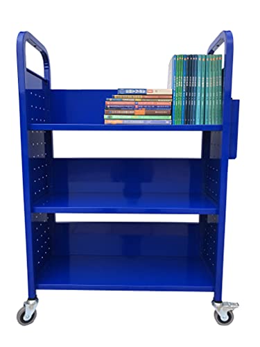 Workington Rolling Book Truck Book Cart With 3 Flat Shelves, Library Book Cart With Swivel Lockable Casters 3001 Blue #TOP1