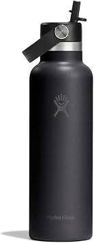 Stainless Steel Bottle, Standard Mouth Flex Straw, 21 oz 621 ml, Black, Thermal Insulated Water Bottle