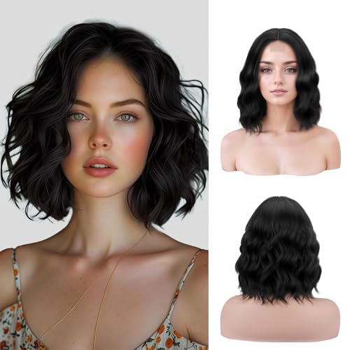 NOSTALGIA Black Wavy Wigs For Black Women Short Wavy Brown Bob Wig Synthetic Middle Part Curly Wavy Bob Natural Looking Wigs for Daily Party Use - image 1