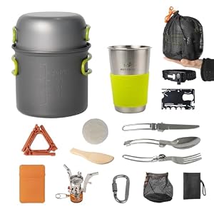 Camping Cookware Mess Kit, 16 pcs Backpacking Cooking Set, Lightweight Camping Pots and Stove Set for 1-2 Person, Outdoor Cooking Gear Ideal for Camping, Hiking, Backpacking and Picnic