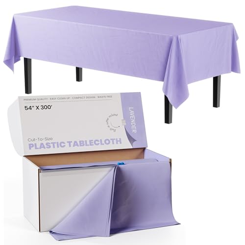 Image of Party Solids Lavender Plastic Table Cover Roll, 54 inch x 300 Ft Heavy Duty Disposable Tablecloth Roll with Slide Cutter, Cuts Up to 36 Rectangle 8 Ft Lilac Table Cloths for Party, Wedding, Banquet