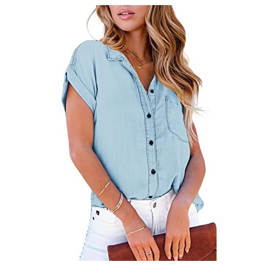 Karlywindow Denim Shirt for Women Button Down Shirts V Neck Short Sleeve Jean Tops Summer Loose Casual Blouses with Pocket Blue