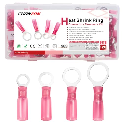 Chanzon 120pcs Heat Shrink Ring #10 M5 M6 M8 M10 22-16AWG Terminal Kit Red