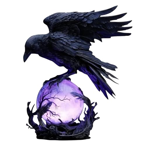 Generico Lampada a LED Raven's Moonlight, corvo misterioso su scultura di luminosa, decorazioni per la casa fantasy, regalo per collezionisti gotici, appassionati di Halloween e amanti dei libri