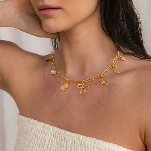 Gold Plated Paperclip Chain Beach Charm Necklace for Women Cute Shell Bow Dainty Beachy Starfish Pearl Seashell Strawberry Fruit Heart Mermaid Summer Jewelry Gift3