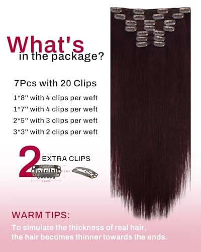 Image of Moresoo Human Hair Clip in Extensions Dark Red Remy Clip in Human Hair Extensions Burgundy Hair Extensions Real Human Hair Clip ins Double Weft Red Wine #99J 7pcs 150g 24inch