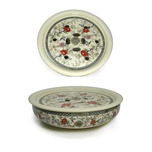 Image of Porcelain Tea Tray, Double-Layer Ceramic Tray Round for Tea Coffee Serving Table (Colorful Flowers and Birds)
