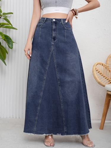 ebossy Women's Retro Distressed High Waist Frayed Hem A Line Wash Maxi Long Denim Skirt with Pockets2