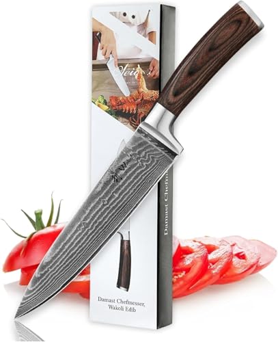 Wakoli EDIB Kochmesser aus echtem Damaststahl (VG10 Kern) mit 20 cm Klinge – Scharf & ausbalanciert – Damastmesser mit Pakkaholzgriff in...