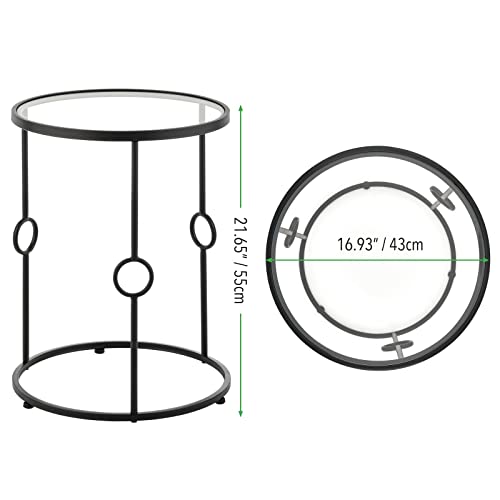 Mdesign Round Metal Side/End Table With Decorative Legs, In-Lay Top, Home Decor Accent Furniture For Living Room, Bedroom - Matte Black/Clear Glass #TOP3