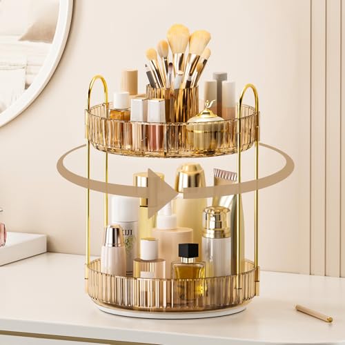 Image of 360 Rotating Makeup Organizer, Upgraded 2 Tier Skincare Perfume Organizers for Women, Bathroom Organizer Countertop, Clear Cosmetic Dresser Organizer with Makeup Brush Holder, Sink&Counter(Amber)