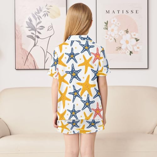 ALAZA Starfish White Yellow Blue Pajamas Satin Pajama Set Short Sleeve Button Down Sleepwear4