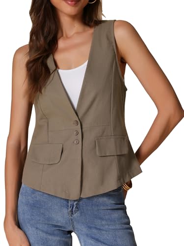 Allegra K Donna Gilet Casual In Lino, Giacca Leggera Senza Maniche, Blazer Leggero Cachi M