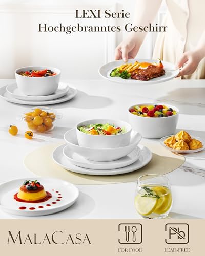 MALACASA Geschirrset 24-teilig, Porzellan Schüssel und Teller Set, Tafelservice 6 Personen, Weiße Speiseteller & Schalen, Rundes Essgeschirr Set, Spülmaschinen- & Mikrowellengeeignet, Serie LEXI
