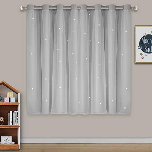 Weltop Nursery Curtains 63 Inch Length Mix & Match Star Curtains Room Darkening Window Treatments Panels Aesthetic Bedroom Kids Room Decor With 2 Tie Backs Included, Silver Grey, 52"W X 63"L, 1 Pair #TOP1