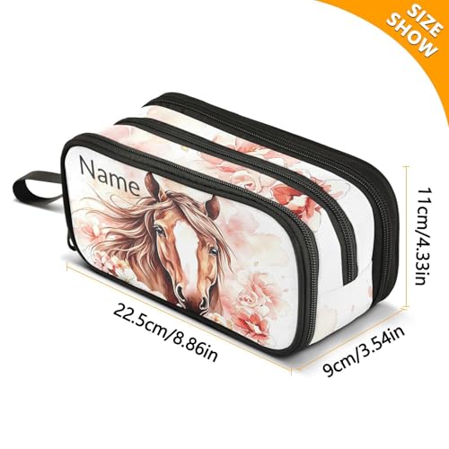 Image of Custom Brown Horse Flower Pencil Case Box Boys Girls Personalized Name Large Pencil Pouch Stationery Pen Bag Organizer for Kids Adults School Office