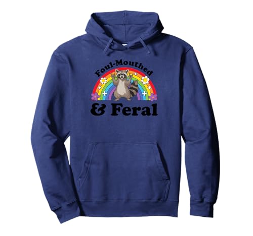 Foul Mouthed and Feral Raccoon Funny Rainbow Racoon Pullover Hoodie