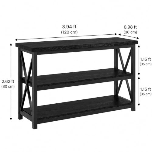 Image of 3-Tier Entryway Console Table | Modern Farmhouse Sofa Table with Open Storage Shelves | X-Frame Accent Hallway Table for Living Room Foyer & Entryway Organization | Black | 120x30x80 cm