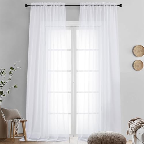 Image of OVZME 2 Pack White Sheer Curtain Panels - 120 Inches Length Light Filtering Sheer Curtains for Living Room, Extra Long Elegant Window Treatments for Sliding Glass Door, Each 42 inch W x 120 inch L