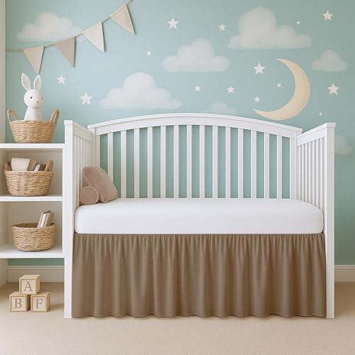 Image of Cottington Lane Taupe Infrant Crib Bed Skirt Dust Ruffle with Split Corner, 100% Natural Cotton Nursery Crib Toddler Bedding Skirt for Baby Girls or Boy, Fits Standard Cribs 28 inch x 52 inch with 14 inch Drop