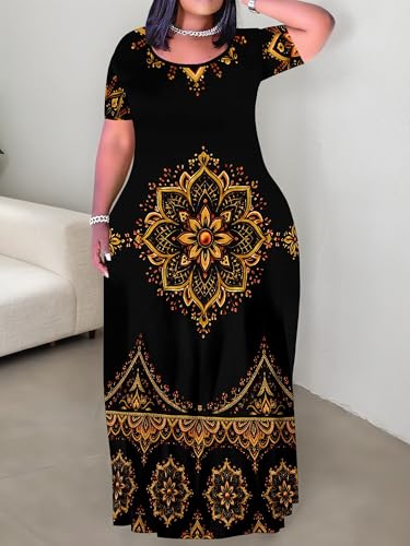 Image of PinkPatty Plus Size Maxi Dress for Curvy Women Crew Neck Long Sleeves Casual Dress Vacation Sundresses with Pockets