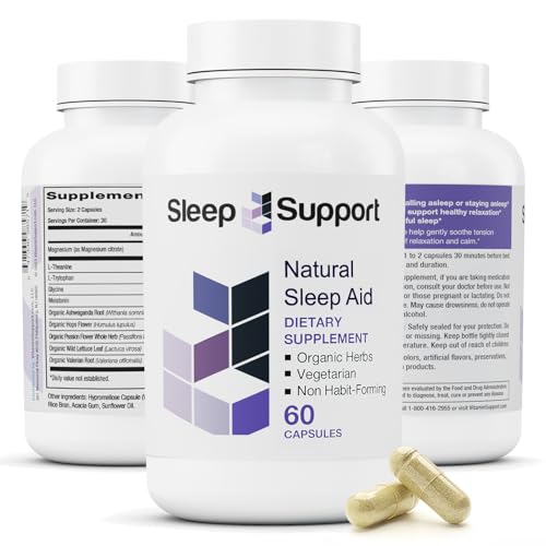 SleepSupport – Natural Sleep Aid for Adults to Help Promote Calm and Relaxation – Organic Sleep Supplement with Ashwagandha, Valerian Root, Magnesium, Melatonin, Glycine, L-Tryptophan – 60 Capsules