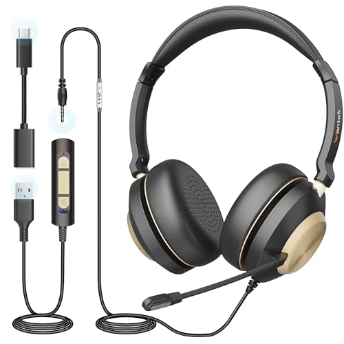 Wantek USB Headset with Microphone, Type-c/USB/3.5mm Jack 3-in-1 PC Headset, Wired & Noise...