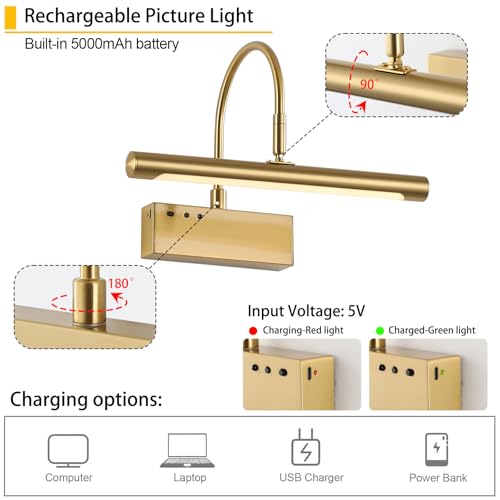 Image of Wireless LED Picture Light, Coredless Art Lighting for Wall, Brass Battery Frame Light with Remote, 3 Color Tone & Dimmable,12 inch Wall Decor Light for Art Display,Hallway,Study Room