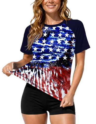 Image of AOBUTE Women Short Sleeve Rash Guard UPF 50+ Tropical Sun Protection Floral Swim Shirts
