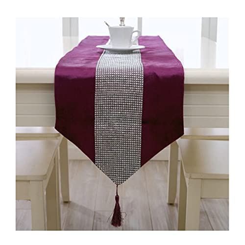 Chemin de table longue velours violet luxe strass diamant avec pompon pour mariage 33x120cm