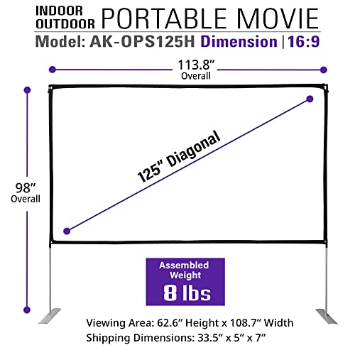 Image of Akia Screens 125 Inch Portable Projector Screen with Stand, 16:9 HD Front Rear Projection, Foldable Indoor Outdoor Movie Screen with Carry Bag - AK-OPS125H-X