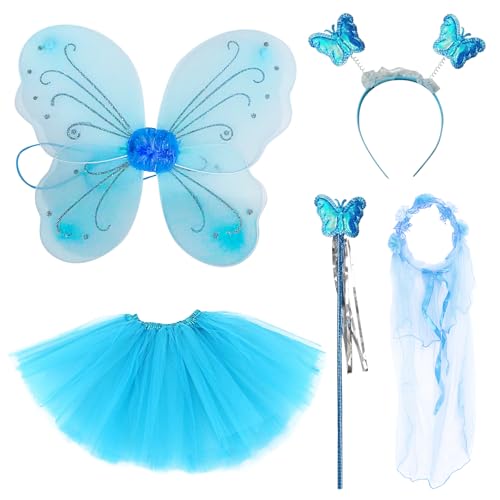 BDSHUNBF 5 Pcs Feen kostüm Kinder für Mädchen, Feenflügel Kinder Schmetterling Kostüm Mädchen, Schmetterlingsflügel Kinder Tutu Zauberstab und Haarreifen, Fee Kostüm Damen Schmetterling Flügel, Blau